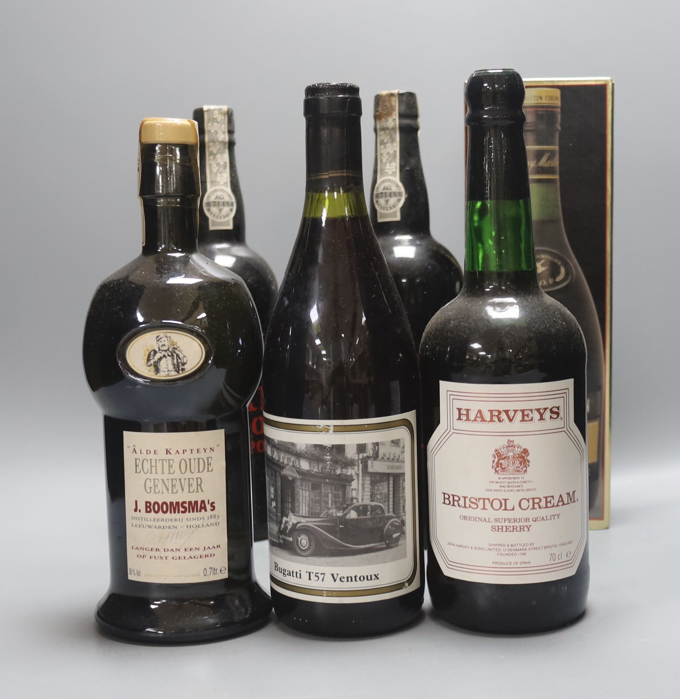 A group of assorterd wines and spirits comprising Quinta de Noval 1970 Vintage Port (3), Skeffington 1977 Vintage Port, Offley Boa Vista 1963 Vintage Port, Harveys Bristol Cream